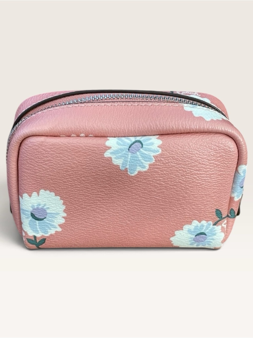Coach EUC Mini Boxy Pink Floral Leather Cosmetic Pouch with Silver Logo - Picture 2 of 6